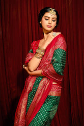 Green Velvet Tusser Silk  Aari work Saree